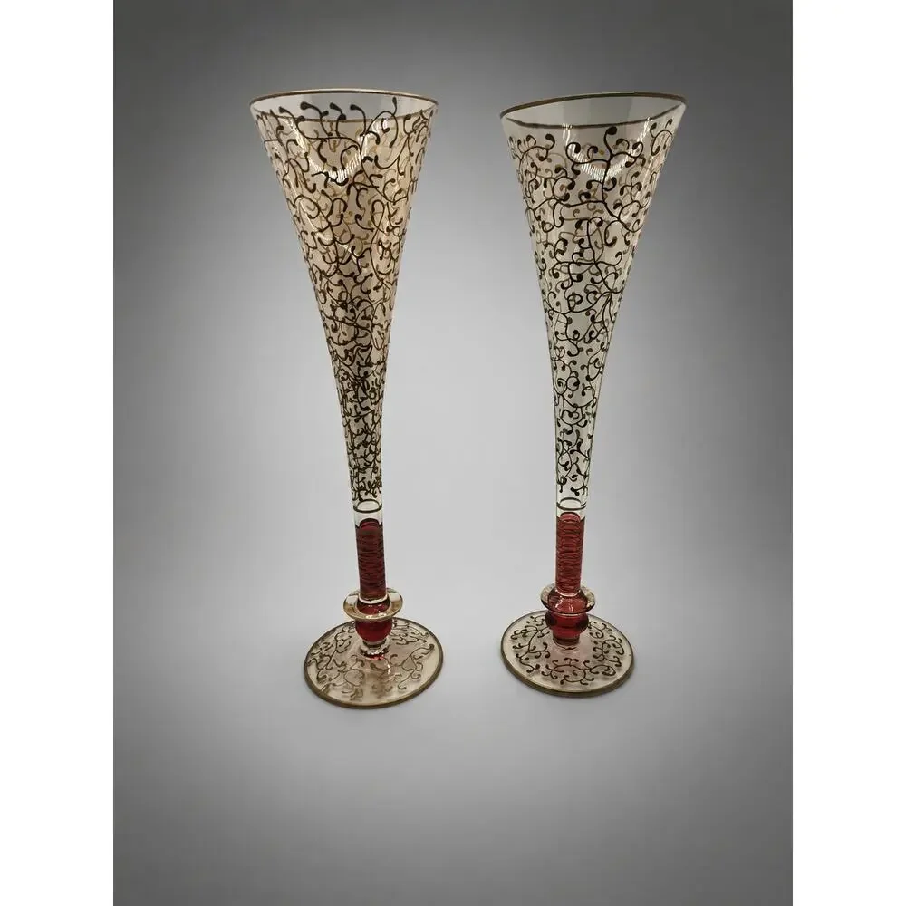 Pier 1 Fluted Champagne Glasses P1C8 Gold Filigree Red Stem Set of 2 Vintage